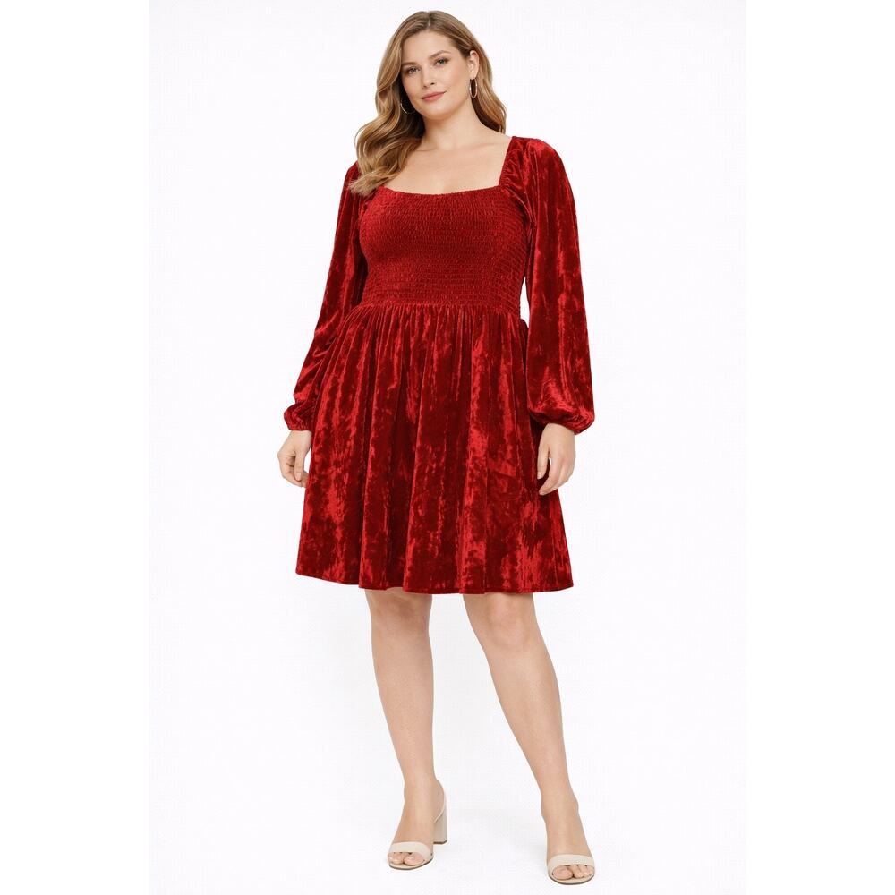 Bar III Red Velvet Smocked Long Sleeve Fit and Flare Dress NWT